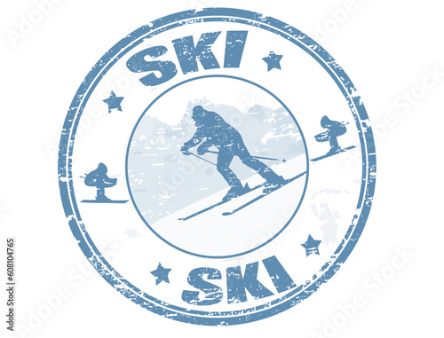 Grunge rubber stamp with skier shape and the word ski written inside, vector illustration