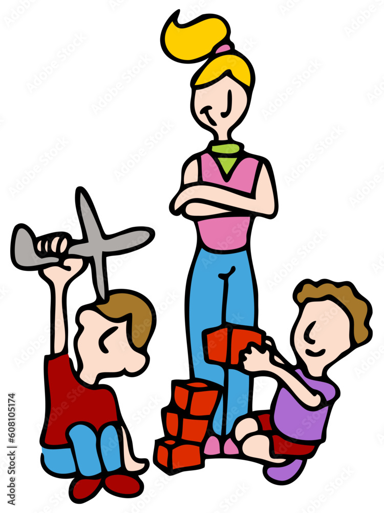 An image of a woman baby sitting two children. An image of a woman baby sitting two children.