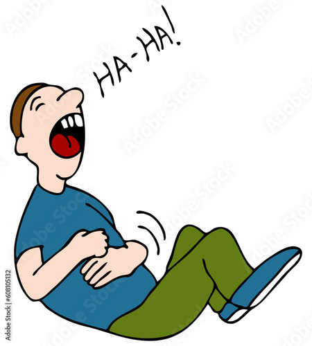 An image of a laugh hysterically while hold his stomach.
