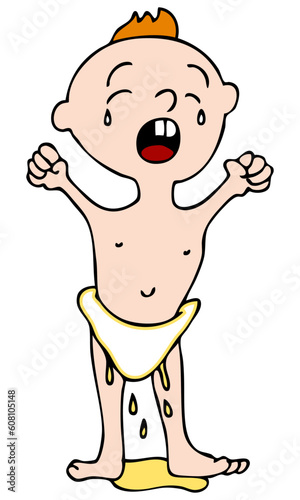 An image of a crying baby with a wet leaky diaper.