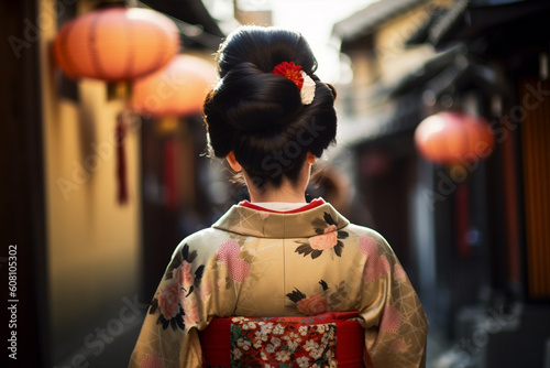 Back view of Asian woman in traditional Japanese Kimono. Generative AI illustration