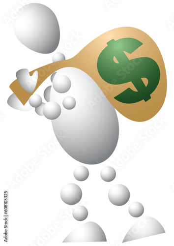 Man carries a bag of money. Abstract 3d-human series from balls. Variant of white isolated on white background. A fully editable vector illustration for your design.