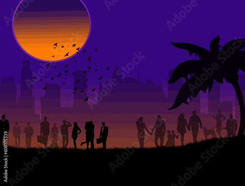 Background illustration with silhouette of a loving couples on beautiful sunset