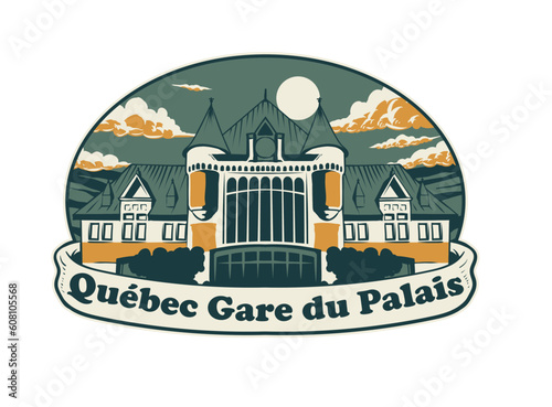 quebec gare du palais, buidling castle silhouette under the moon sun, illustration photo