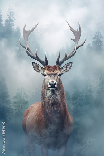 Majestic deer in the woods surrounded by morning fog. Stunning photoreal fine art generated by Ai. Is not based on any specific real image or character © Cheport