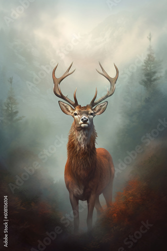 Gorgeous deer in the woods surrounded by morning fog. Stunning photoreal fine art generated by Ai. Is not based on any specific real image or character