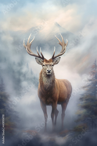 Deer in the woods surrounded by morning fog. Stunning photoreal fine art generated by Ai. Is not based on any specific real image or character © Cheport