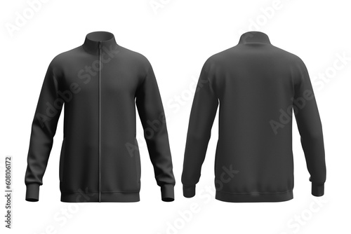 Black tracksuit top, Sport jacket or long sleeve black sweatshirt mockup template front and back view. Insulated sportswear or modern unisex zip-up sportswear.3d rendering. photo