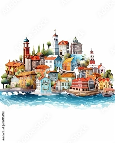 fairy tale sea town on white background
