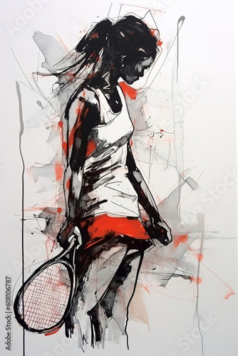 Beautiful female tennis player  side view. Sketch  charcoal drawing with color in accents  generative art