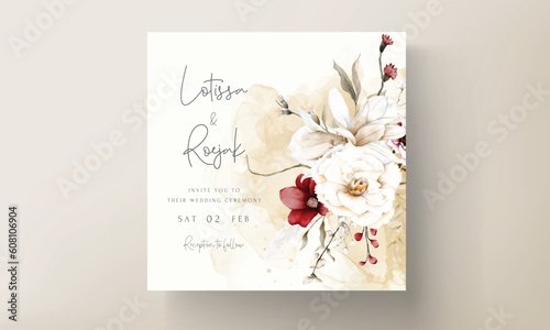 elegant boho wedding invitation card with dried floral and maroon flower