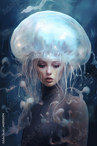 Jellyfish, fantasy style illustration of a beautiful woman. Creative fine art illustration generated by Ai