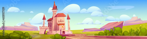Cartoon fairy tale medieval castle vector kingdom landscape background. Path to princess palace fairytale fantasy game illustration. Road to magic nobility chateau with gate and tower in green valley