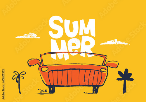Car funny cool summer t-shirt print design. Road trip on cabriolet automobile. Slogan.