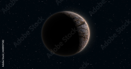 Abstract realistic space planet round sphere with a stone relief surface in space against the background of stars