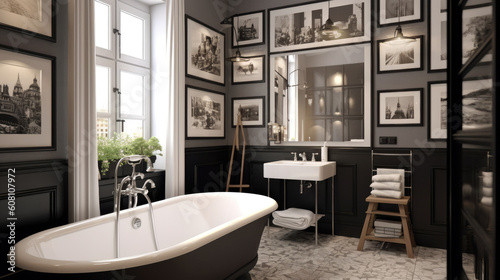 A chic bathroom with a touch of sophistication  boasting a gallery wall of black and white photo frames that exude timeless charm. Generative AI