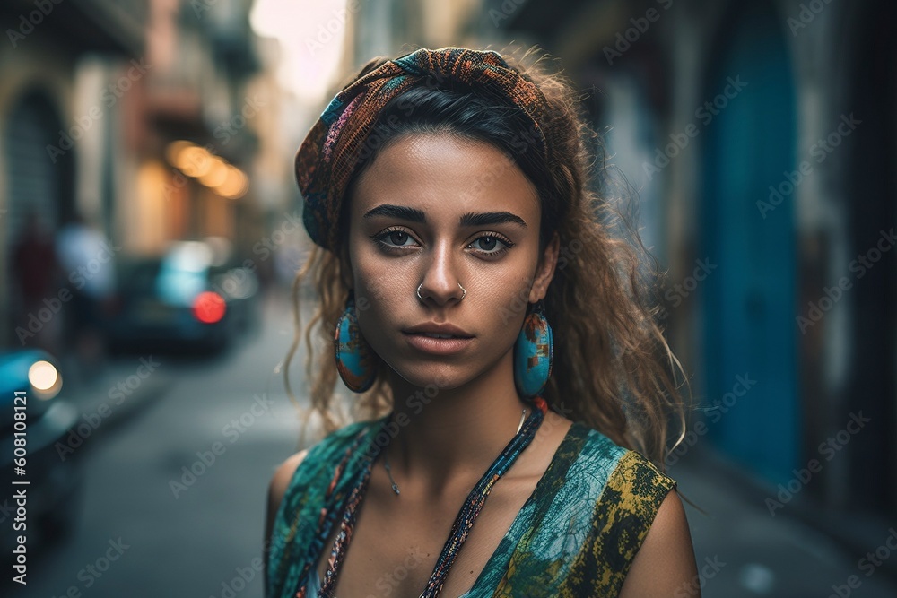 Young Cuban woman on street of Havana, Cuba, created with generative AI Young Cuban woman on street of Havana, Cuba, created with generative AI