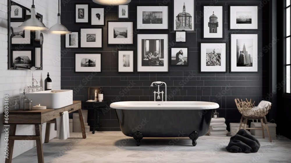 A chic bathroom with a touch of sophistication, boasting a gallery wall of black and white photo frames that exude timeless charm. Generative AI A chic bathroom with a touch of sophistication, boasting a gallery wall of black and white photo frames that exude timeless charm. Generative AI