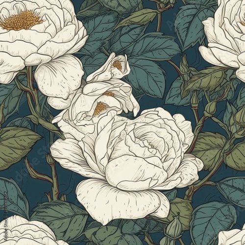 Beautiful elegantwhite roses flower seamless pattern, created with generative AI