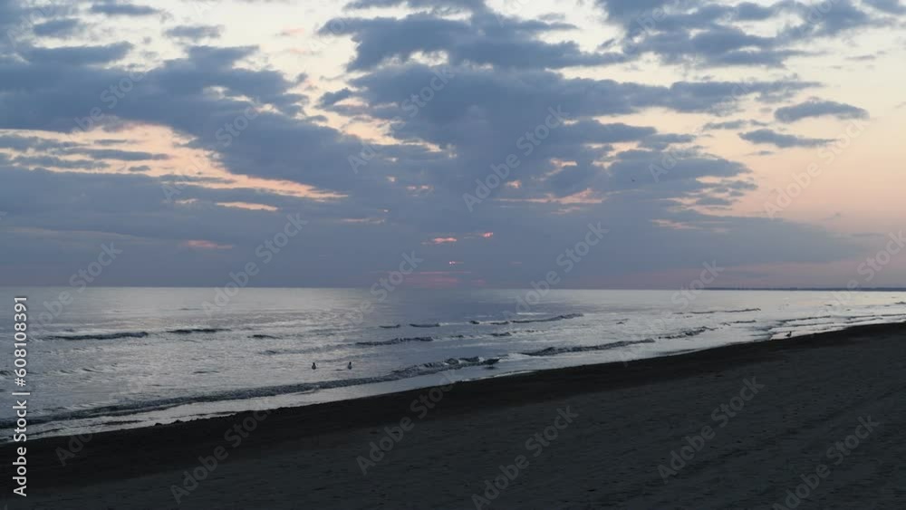 Sunset over the sea with seagulls moving on sandy beach Sunset over the sea with seagulls moving on sandy beach