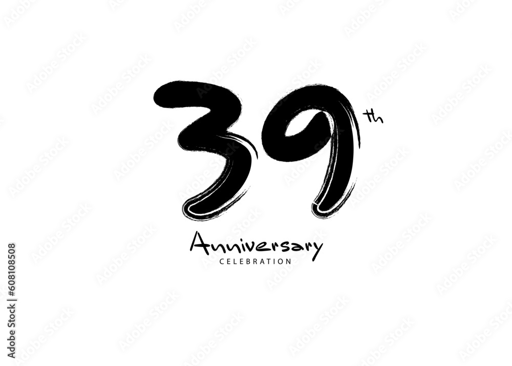 39 Years Anniversary Celebration logo black paintbrush vector, 39 number logo design, 39th Birthday Logo, happy Anniversary, Vector Anniversary For Celebration, poster, Invitation Card