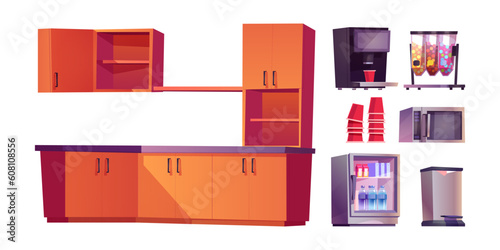 Kitchen interior in office vector furniture set. Canteen or break room with coffee machine, microwave, trash bin and snack illustration isolated on white background. Indoor eating hall court design
