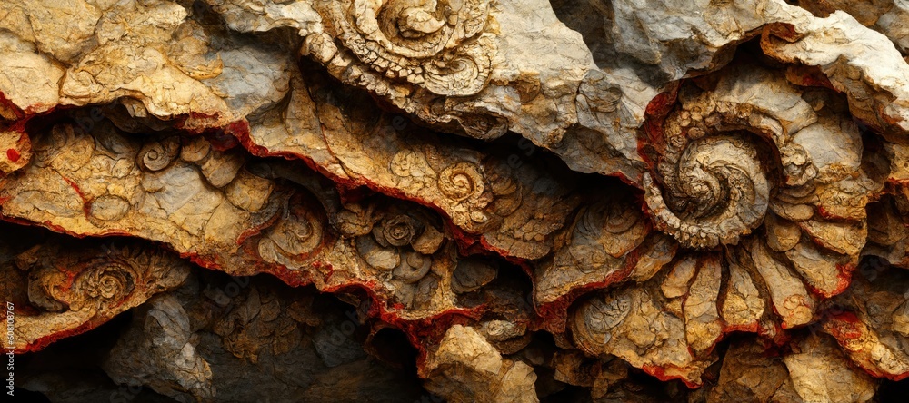 Fossilized ammonite sea shell spirals embedded into rustic brown red desert sandstone rock. Ancient prehistoric layered and ridged stone texture with detailed surface patterns - generative ai Fossilized ammonite sea shell spirals embedded into rustic brown red desert sandstone rock. Ancient prehistoric layered and ridged stone texture with detailed surface patterns - generative ai