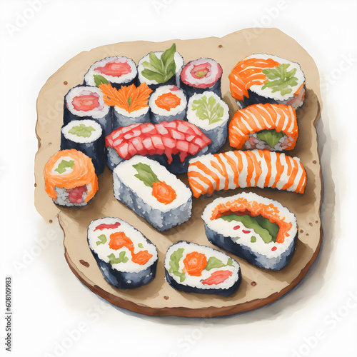 Choices of sushi on a plate. Watercolor illustration