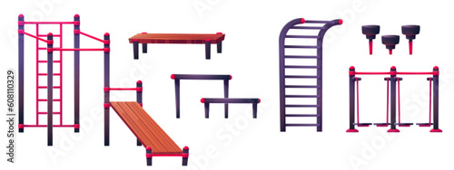 Outdoor street gym in park with fitness equipment for workout and training cartoon vector training isolated set. Adult sports icon with wooden bench, ladder and red metal illustration collection
