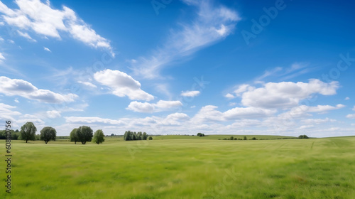 Lanscape with a green meadow, blue sky and white clouds