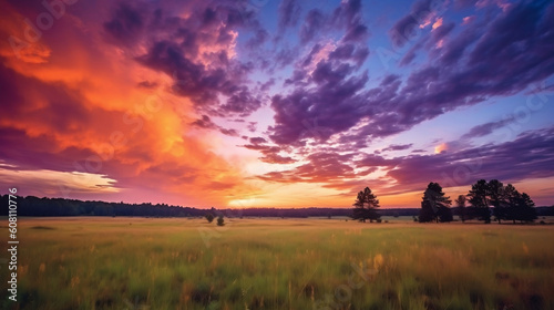 Sunset over a grass meadow