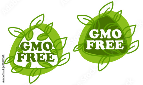 Vector illustration of two non-GMO green emblems. A shield with branches and leaves, a sign of natural products. Sticker for products grown without chemical additives Label quality naturalness benefit