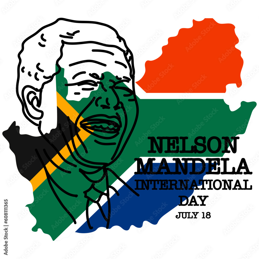 Nelson Mandela International Day. Stock vector illustration. Contour portrait of a laughing man against the background of the flag and the outline of South Africa. Rights, strength, victory, equality
