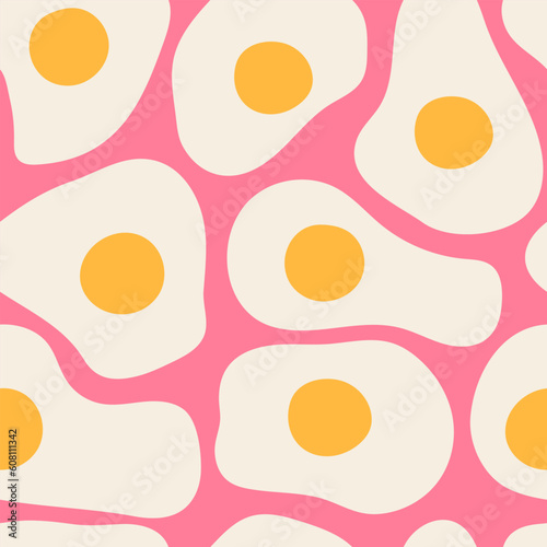 Fried eggs seamless pattern retro wallpaper on pink background, Simple flat vintage design, Vector illustration