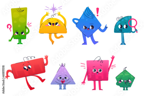 Cute math geometric figure shape cartoon vector character. Abstract basic geometry funny set. Rhombus, triangle, square and pentagon childish graphic doodle collection of emotions for object learning.