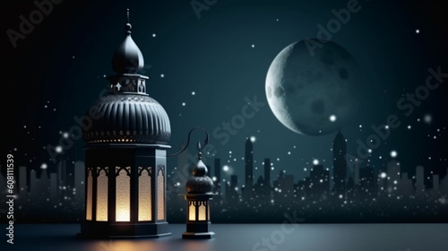 islamic background with moon lanterns and mosque for ramadan eid ul fitr and eid al adha eid milad muharram generative ai