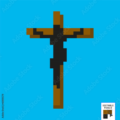 Symbol of Jesus Christ on the cross. Crucifixion. Religious image. Christian cross. Catholic symbology. Pixel art. 8 Bit.