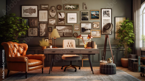 An inviting living room with a warm and cozy atmosphere  featuring a vintage deck  a plush leather armchair  and a gallery wall adorned with photo frames. Generative AI