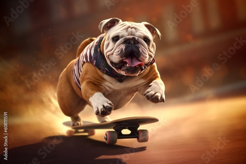 Bulldog Riding Skateboard Image. Generative AI ©  Creative_studio