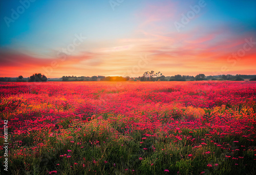 Beautiful Colorful Rose Field in Sunset Generative AI