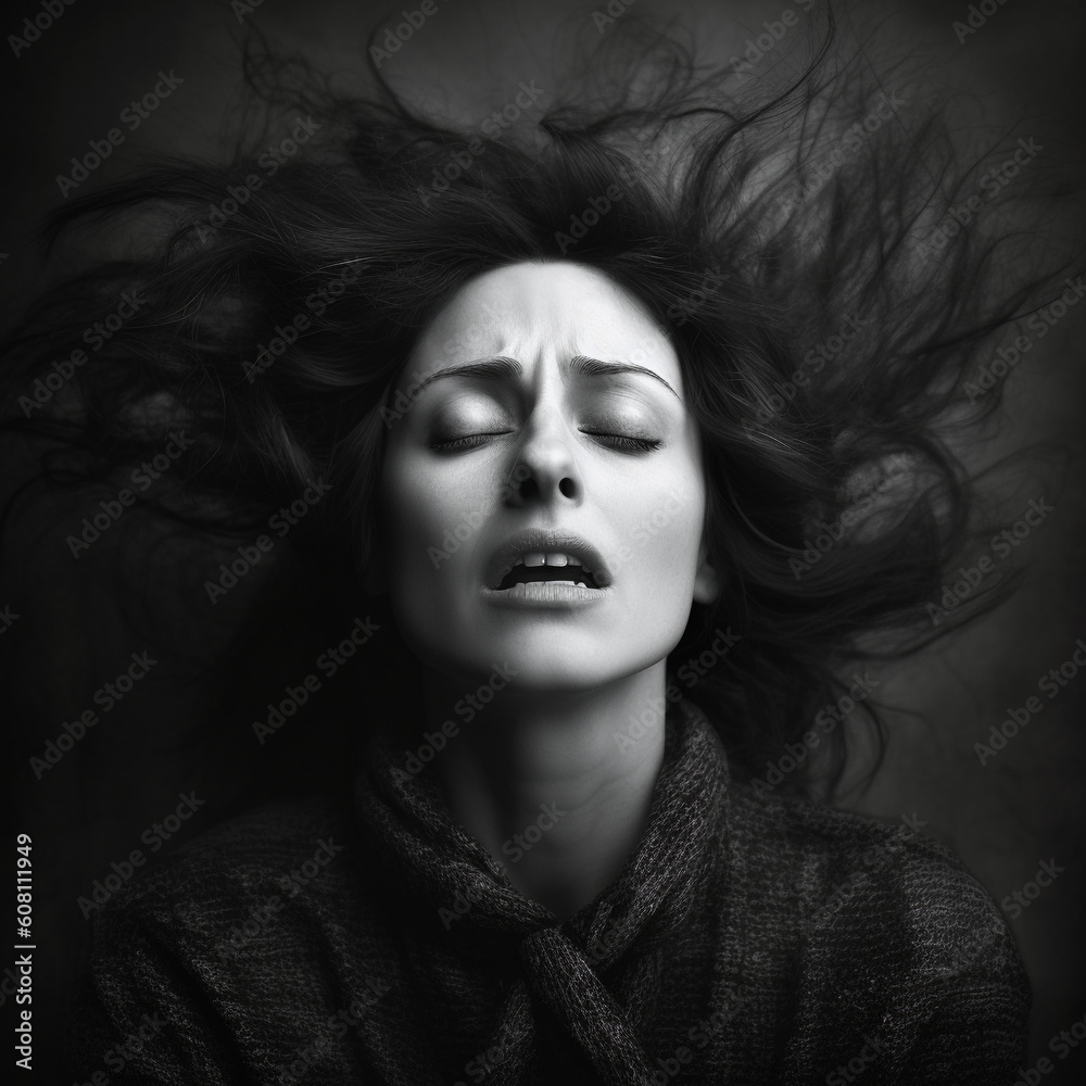 Monotone drawing of a sad and anxious woman was created by Generative AI Monotone drawing of a sad and anxious woman was created by Generative AI
