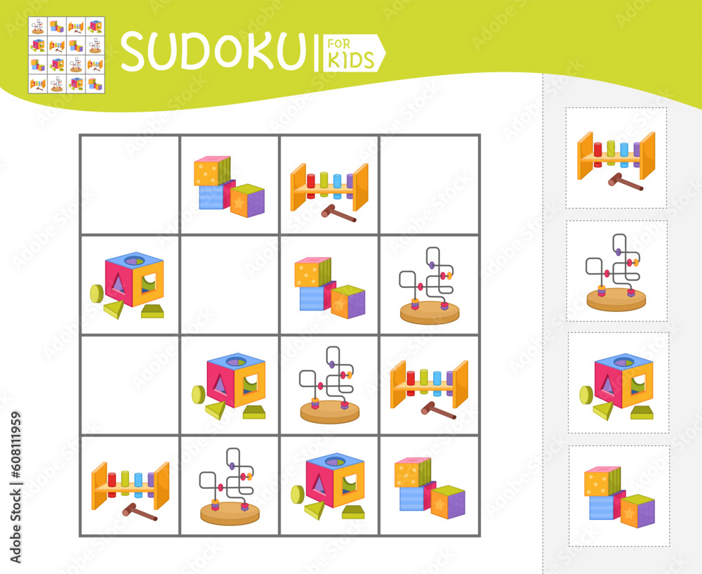 Sudoku game for children with pictures. Kids activity sheet. Vector illustration of cartoon toys.
