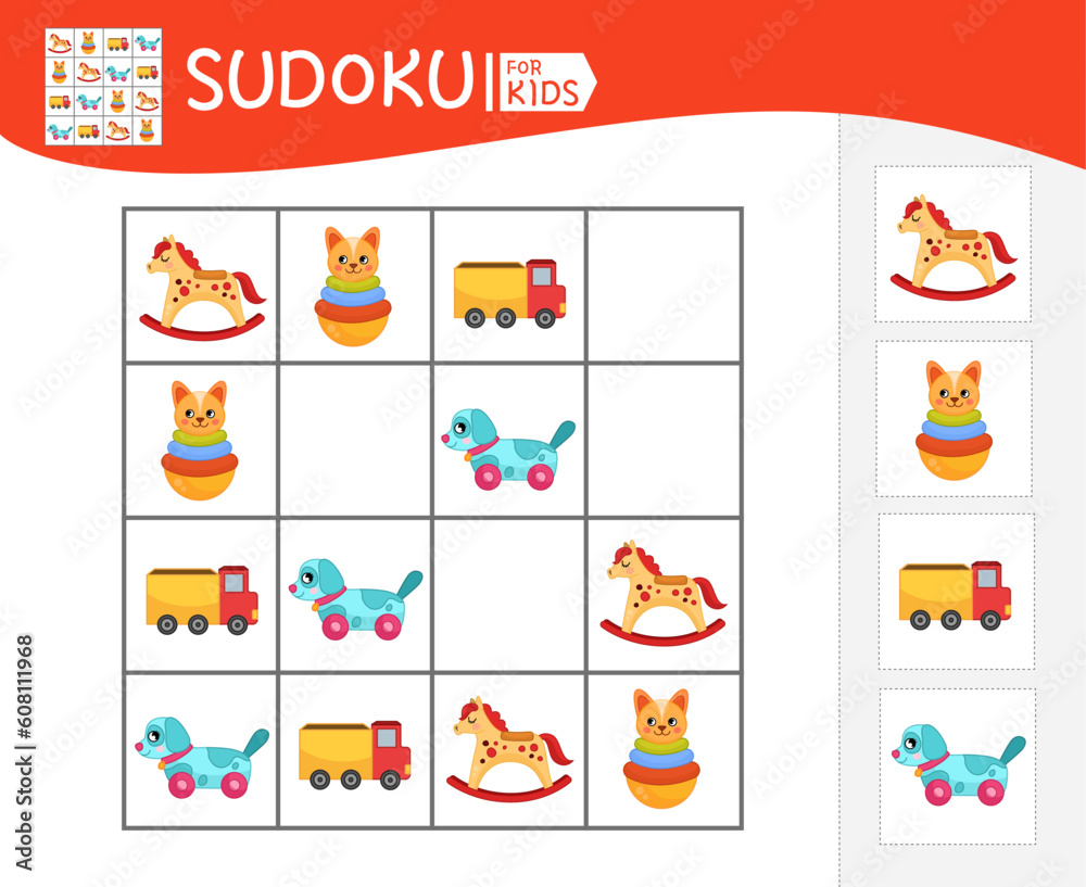 Fototapeta premium Sudoku game for children with pictures. Kids activity sheet. Vector illustration of cartoon toys. 