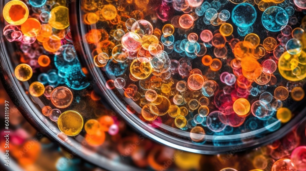 Multicolor bacteria and virus cells in petri dish at scientific laboratory. Mold culture PDA agar. Experimental for biochemistry, Biotechnology, Biology science laboratory. Generative AI