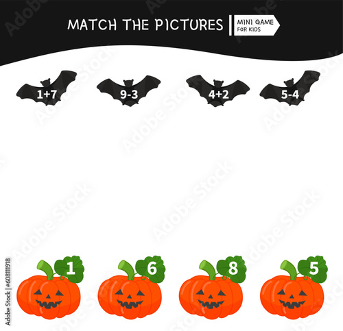 Counting educational children game, math kids activity sheet. Match Halloween pumpkins and bats.
