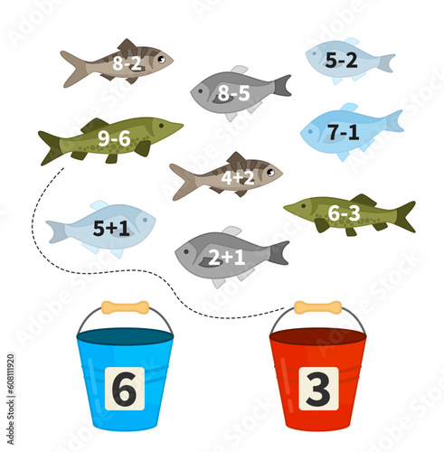 Counting educational children game, math kids activity sheet. Put the fish in buckets.
