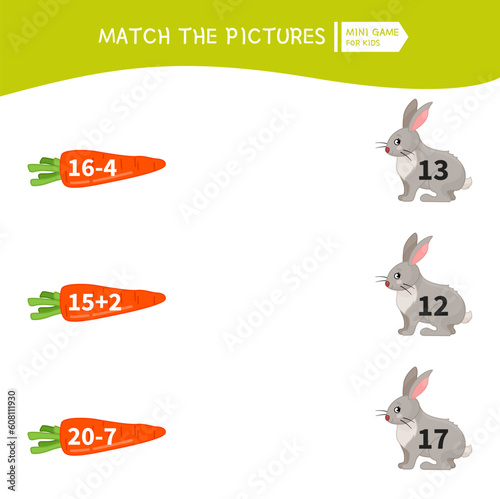 Counting educational children game, math kids activity sheet. Match bunnies and carrots.
