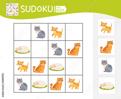 Sudoku game for children with pictures. Kids activity sheet. Vector illustration of cartoon cute cats.

