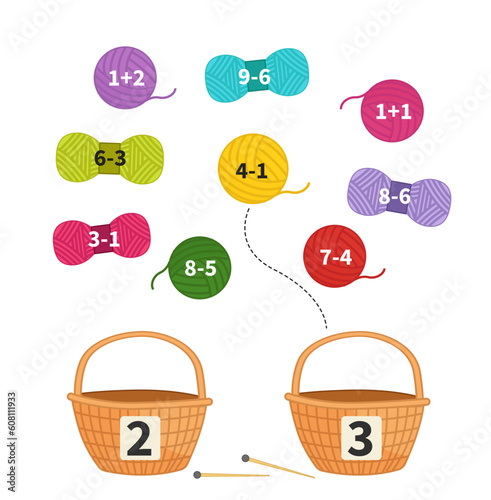 Counting educational children game, math kids activity sheet. Place yarn in baskets.
