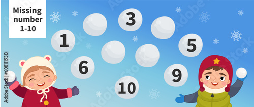 Counting educational children game, math kids activity sheet. Have the kids fill in the missing numbers in the snowballs.
